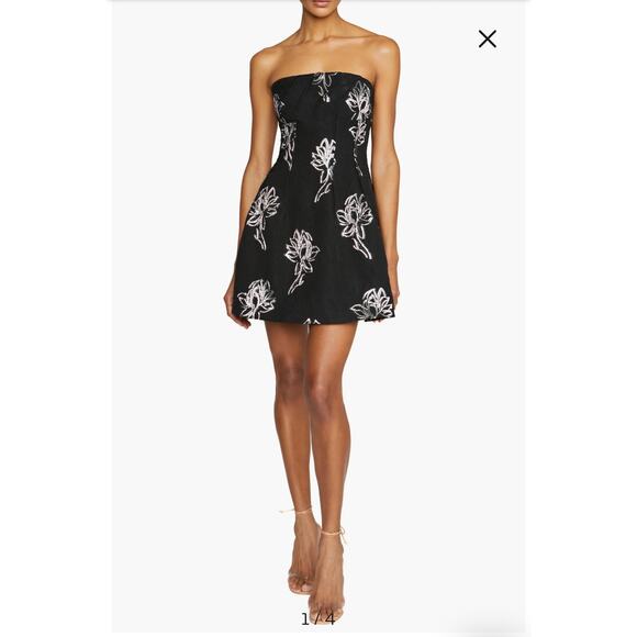 ML Monique Lhuillier Women's Strapless Naomi Jacquard Floral Minidress Black 10 - Picture 1 of 12
